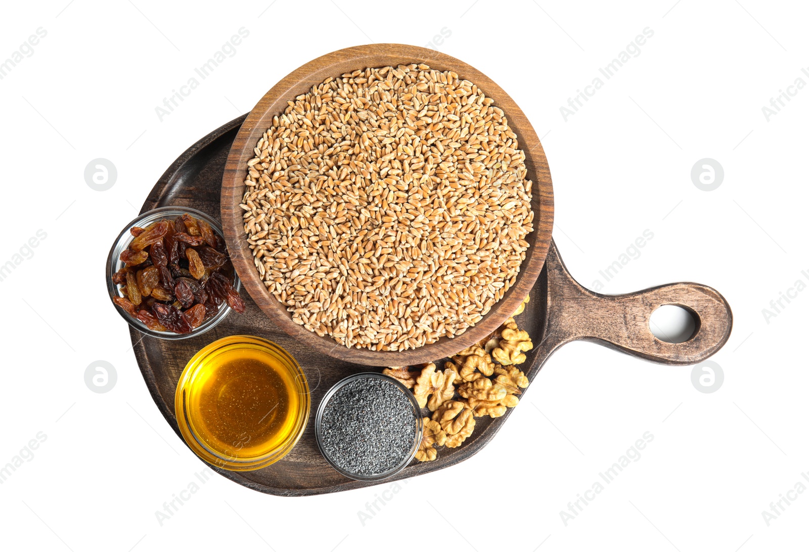 Photo of Ingredients for traditional kutia on white background, top view