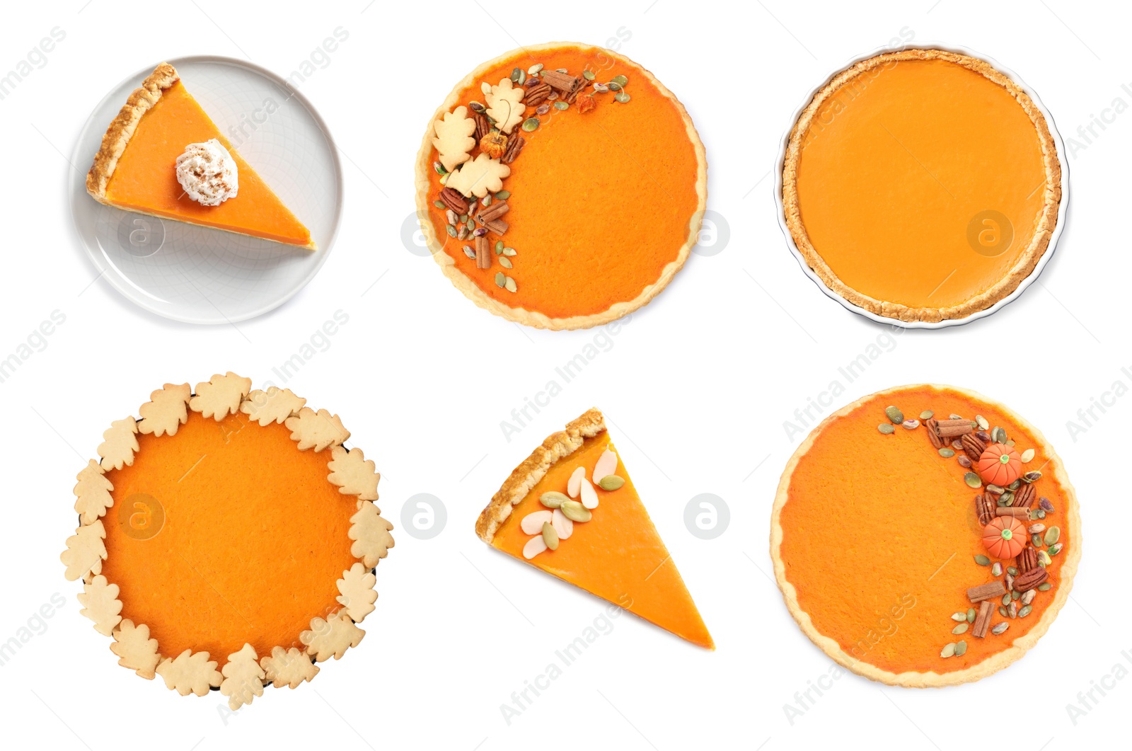 Image of Set of tasty pumpkin pies on white background, top view
