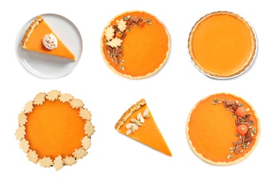 Set of tasty pumpkin pies on white background, top view