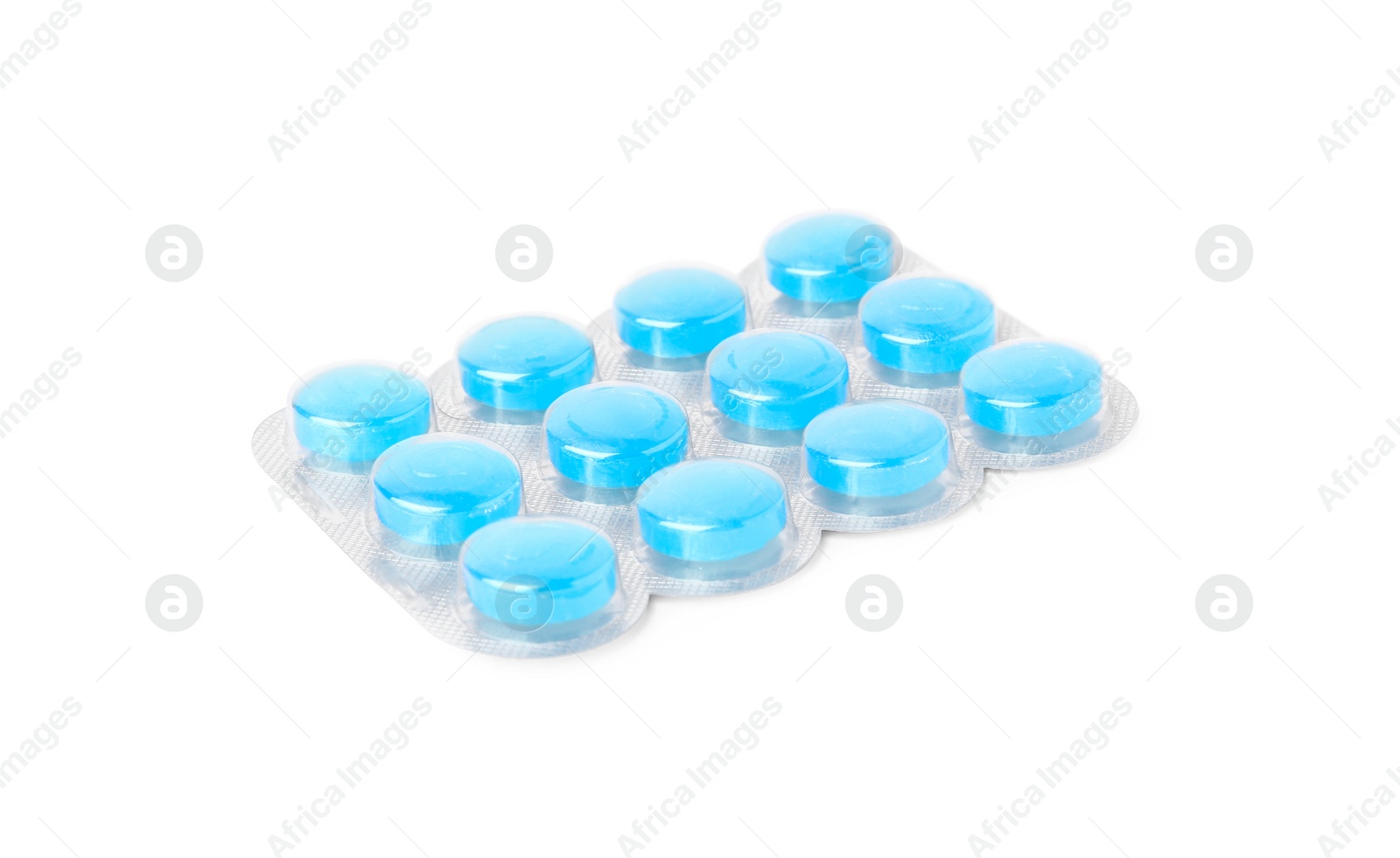 Photo of Blister with light blue cough drops isolated on white