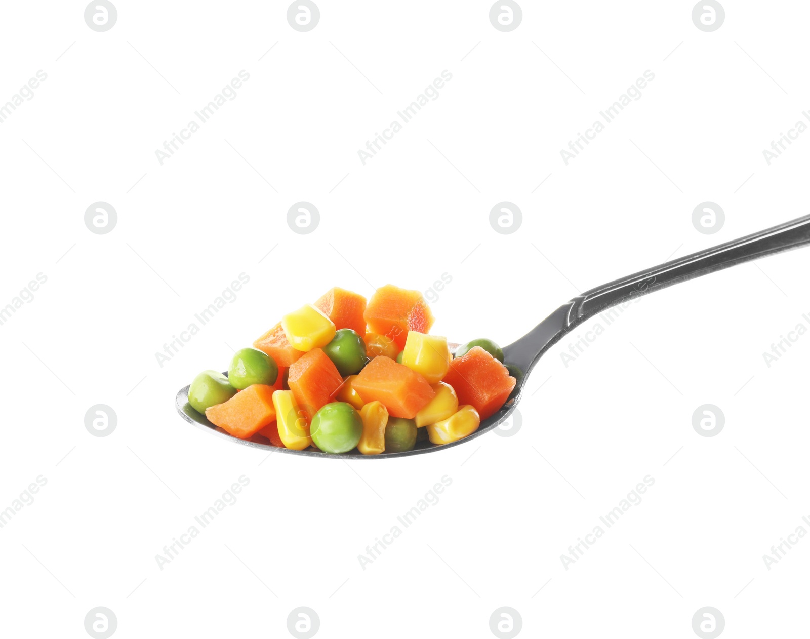 Photo of Mix of fresh vegetables in spoon on white background