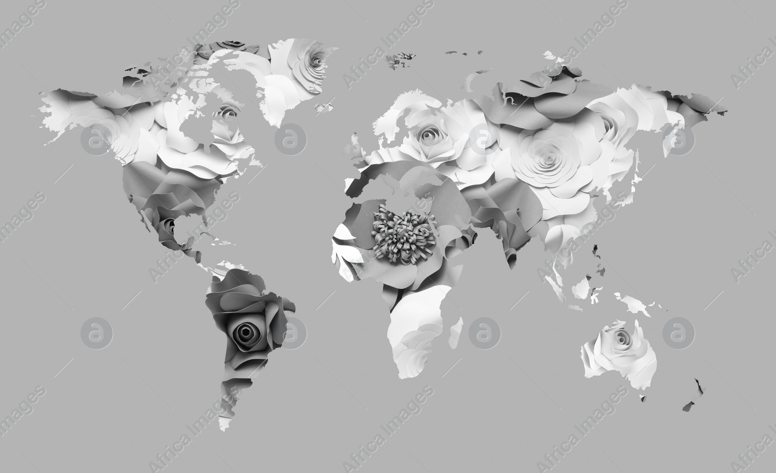 Image of World map made of beautiful flowers on grey background, banner design