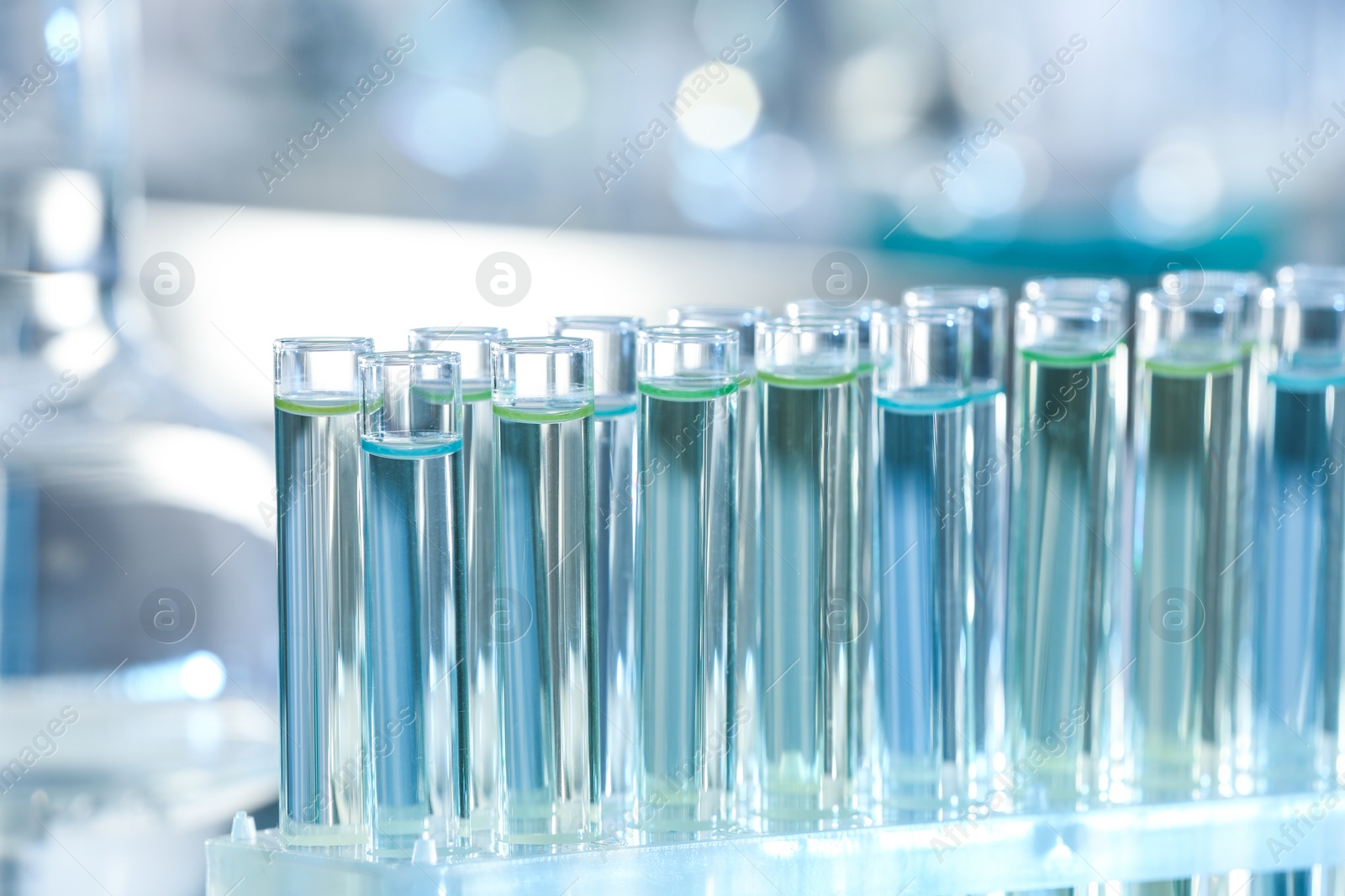 Photo of Test tubes with liquid samples for analysis in laboratory, closeup