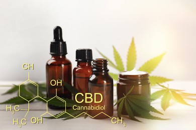 Image of Hemp leaves, cream, CBD oil and THC tincture on white wooden table