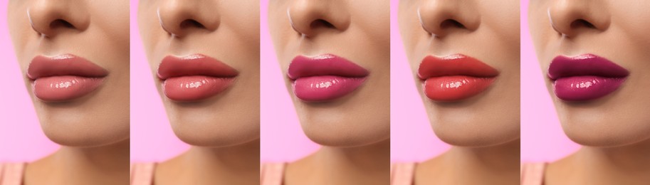 Collage with photos of young woman with different glossy lipsticks on pink background, closeup. Banner design