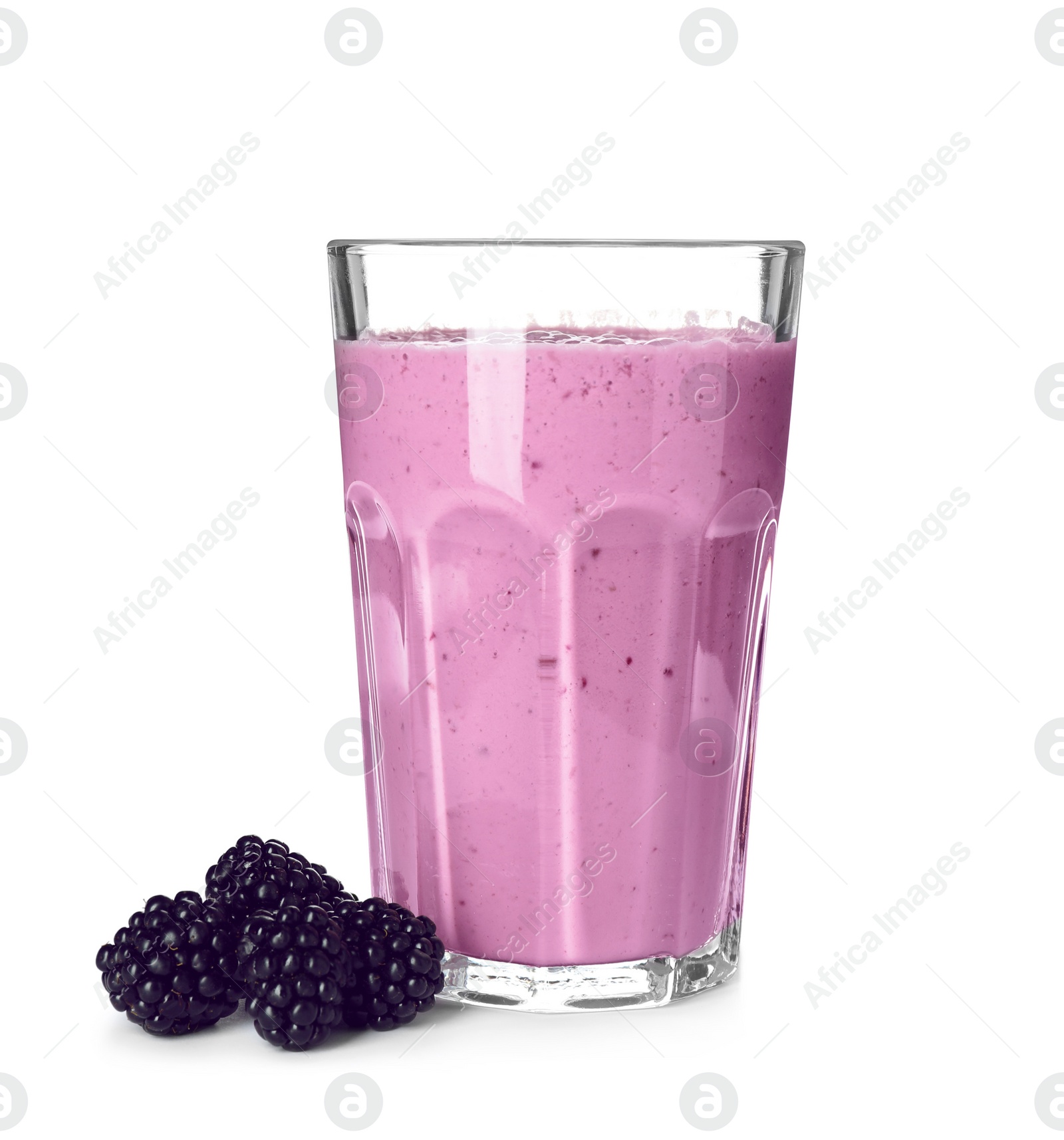 Photo of Glass with blackberry yogurt smoothie on white background