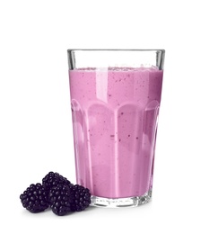 Photo of Glass with blackberry yogurt smoothie on white background