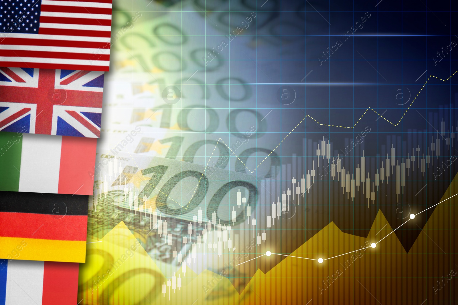 Image of Foreign exchange market. Double exposure of money, digital currency charts and flags of different countries, closeup