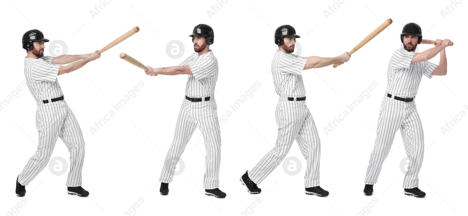 Image of Baseball player with bat on white background, set of photos