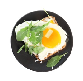 Photo of Delicious sandwich with arugula and fried egg isolated on white, top view