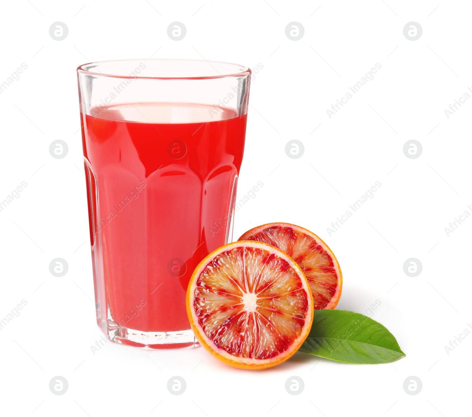 Photo of Tasty sicilian orange juice in glass, fruit and leaf on white background