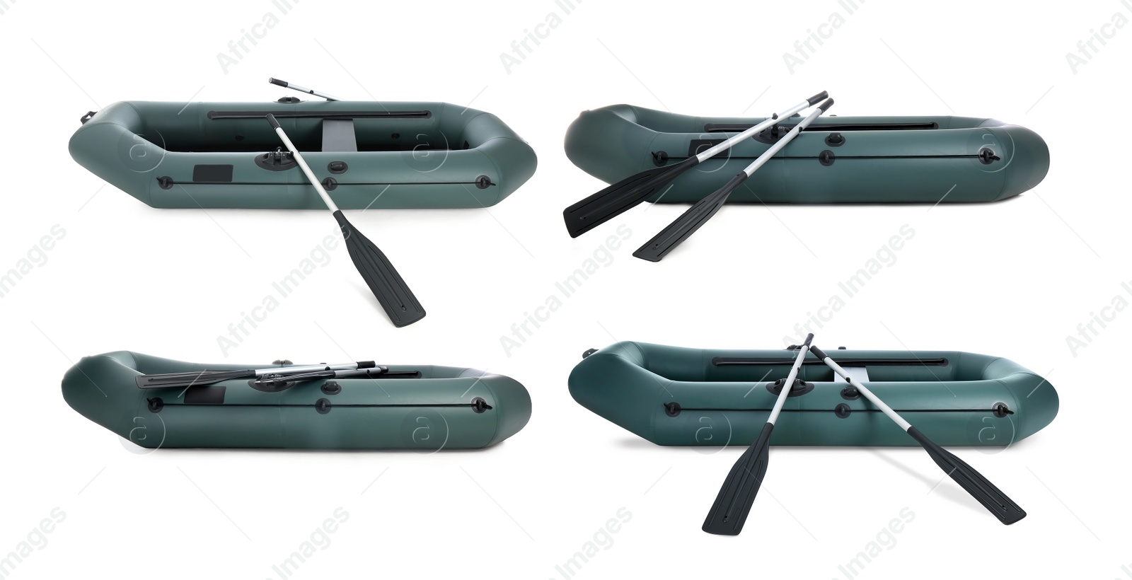 Image of Set with inflatable rubber fishing boats on white background 