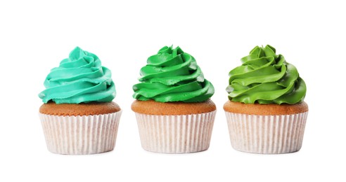 Photo of Different delicious colorful cupcakes on white background