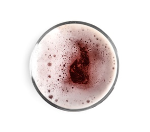 Photo of Glass of cold tasty beer on white background, top view