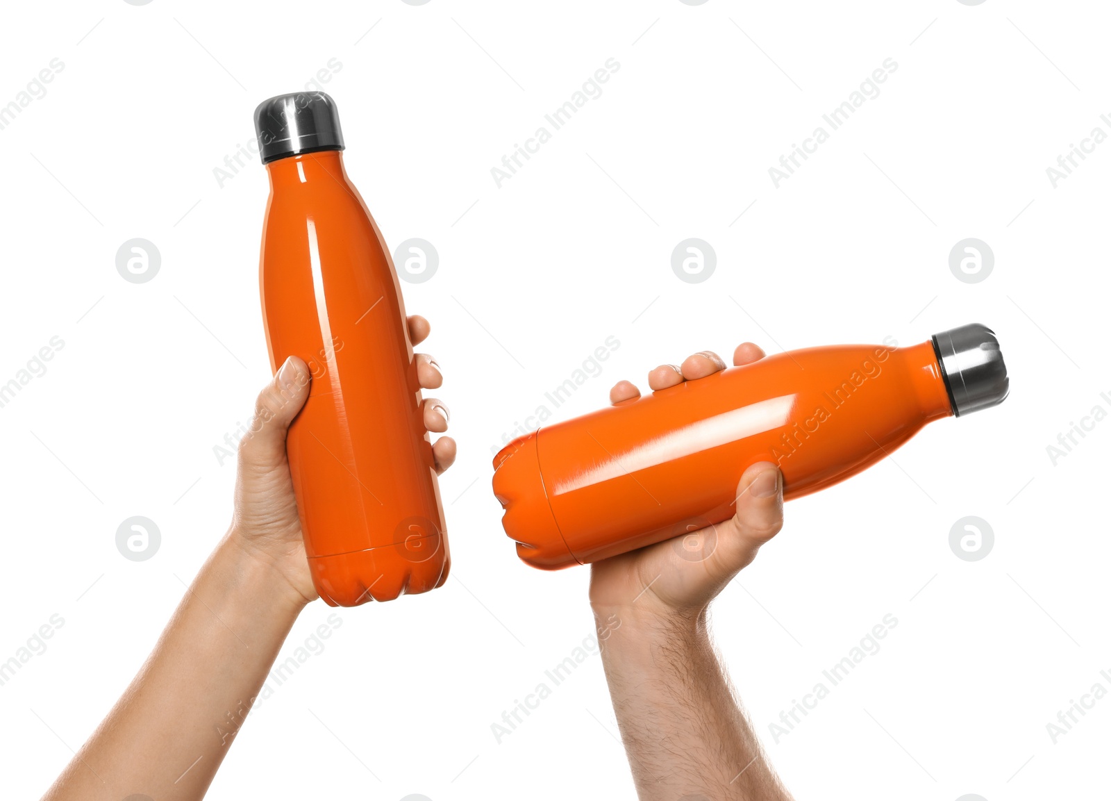 Image of People holding orange thermos bottles, collage of photos on white background