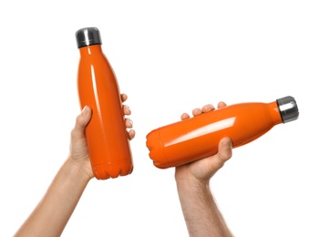 Image of People holding orange thermos bottles, collage of photos on white background