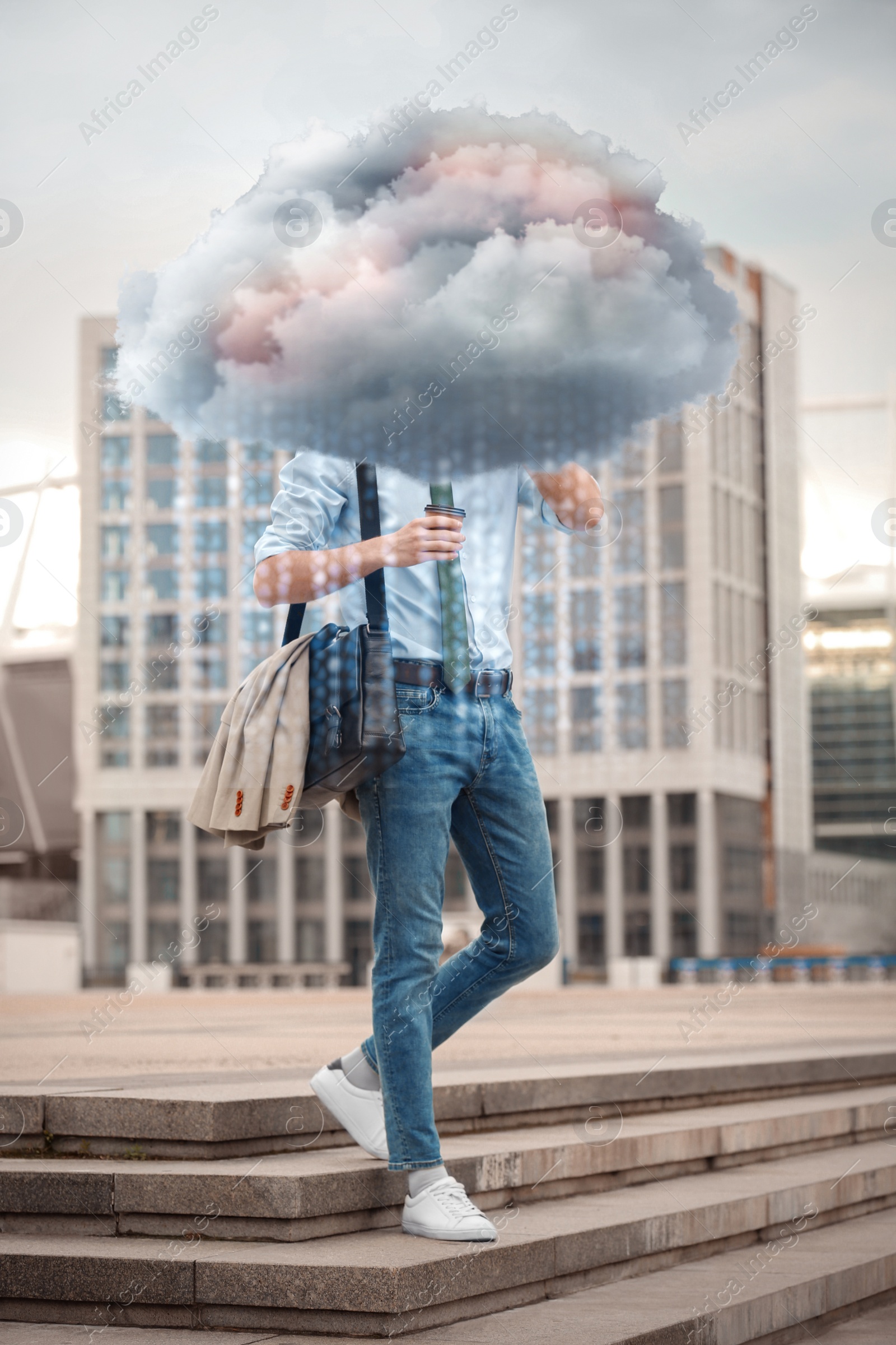 Image of Man with cloud on his head outdoors. Modern storage technology concept