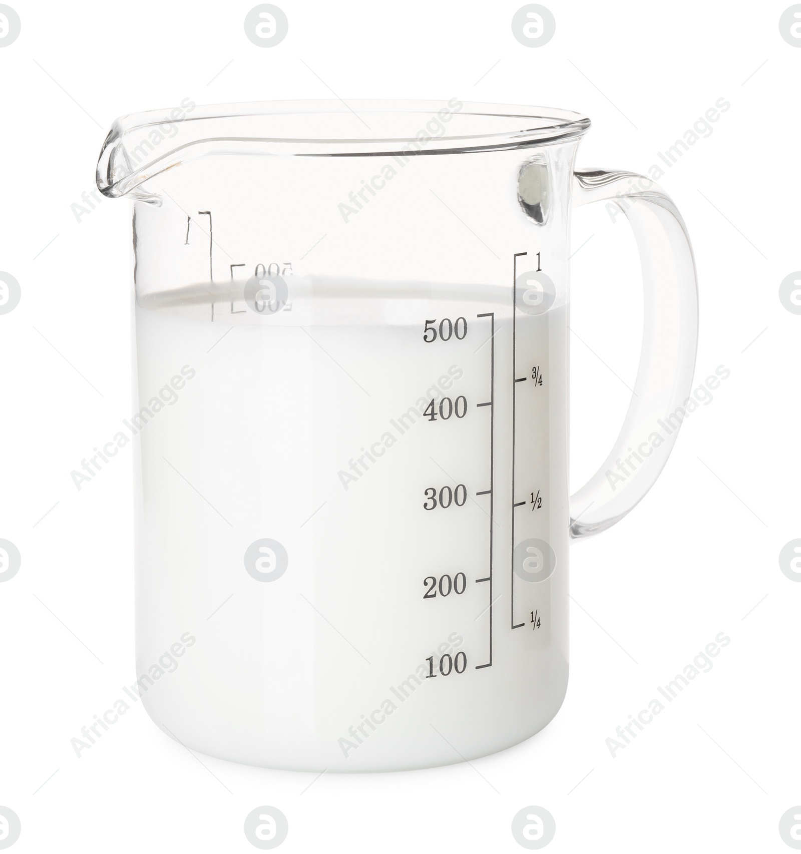 Photo of Fresh milk in measuring cup isolated on white