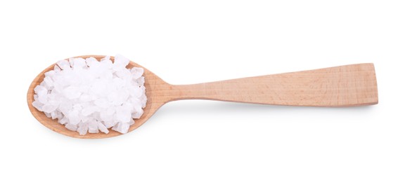 Photo of Wooden spoon with natural sea salt isolated on white, top view