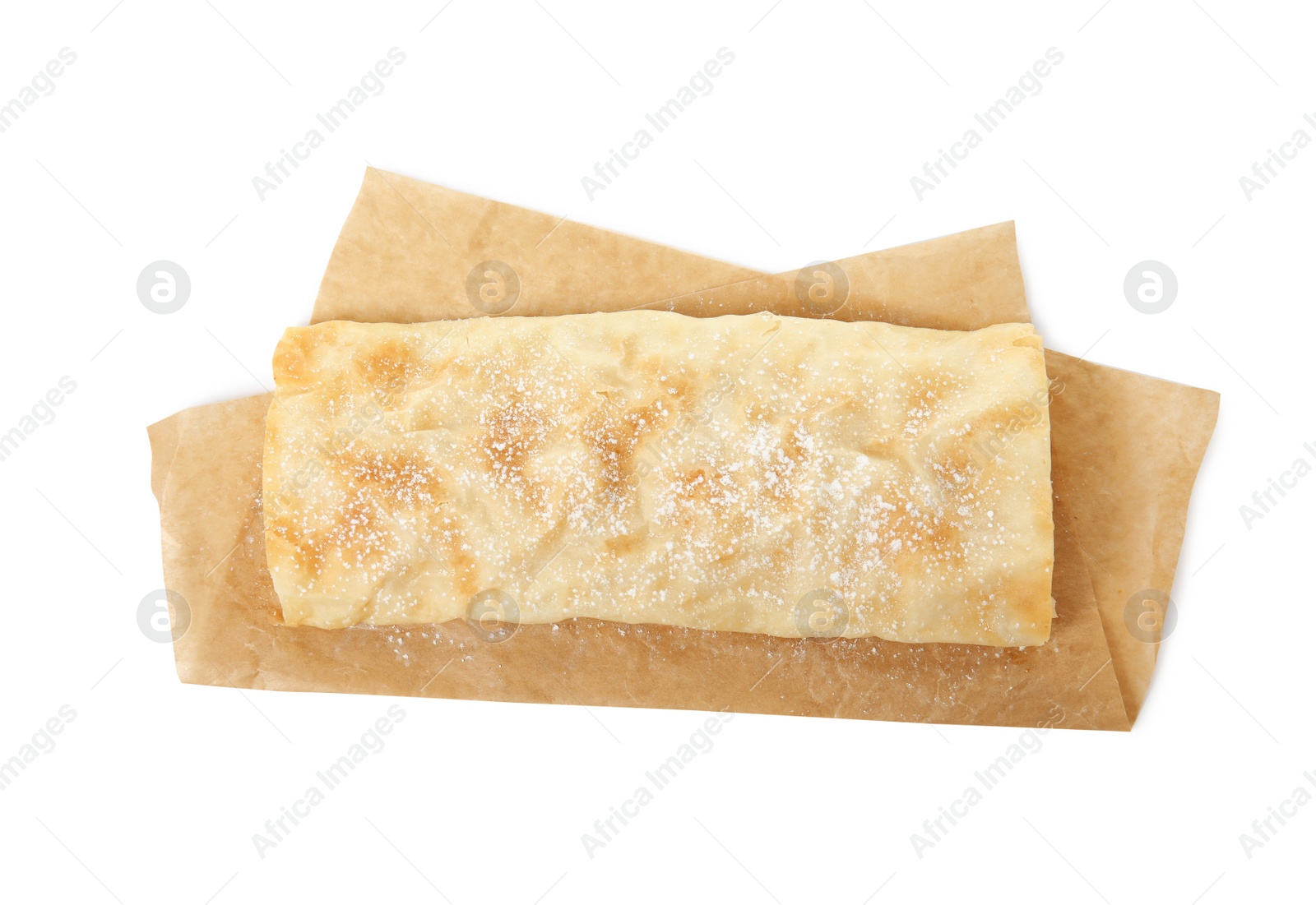 Photo of Delicious apple strudel with powdered sugar isolated on white, top view