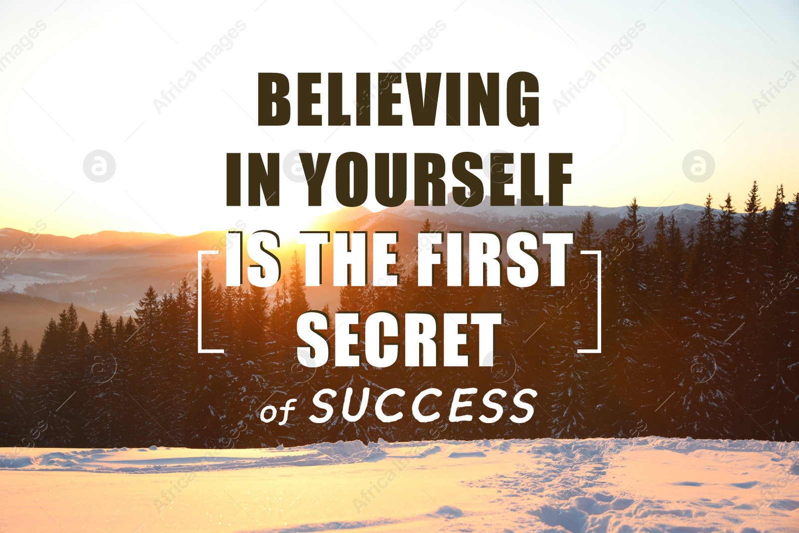 Image of Believing In Yourself Is The First Secret Of Success. Inspirational quote saying that self confidence will bring you thriving results. Text against beautiful mountain forest during sunrise