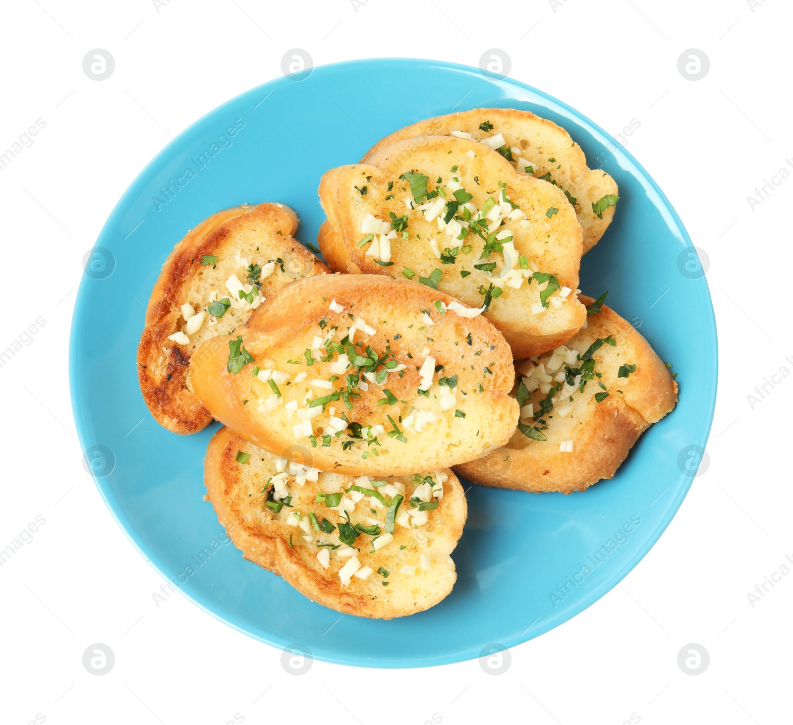 Photo of Plate with tasty homemade garlic bread isolated on white, top view