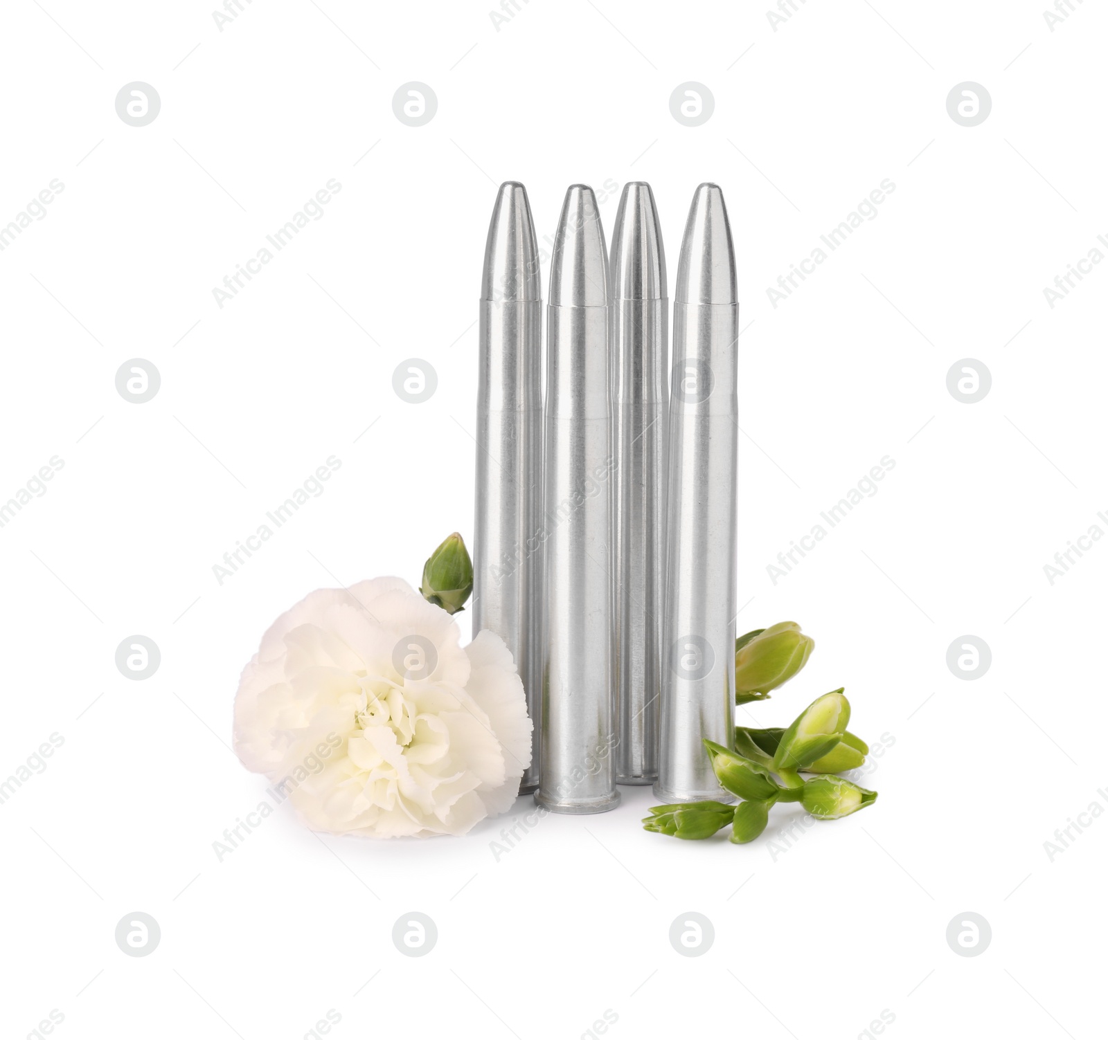 Photo of Bullets and beautiful flower isolated on white