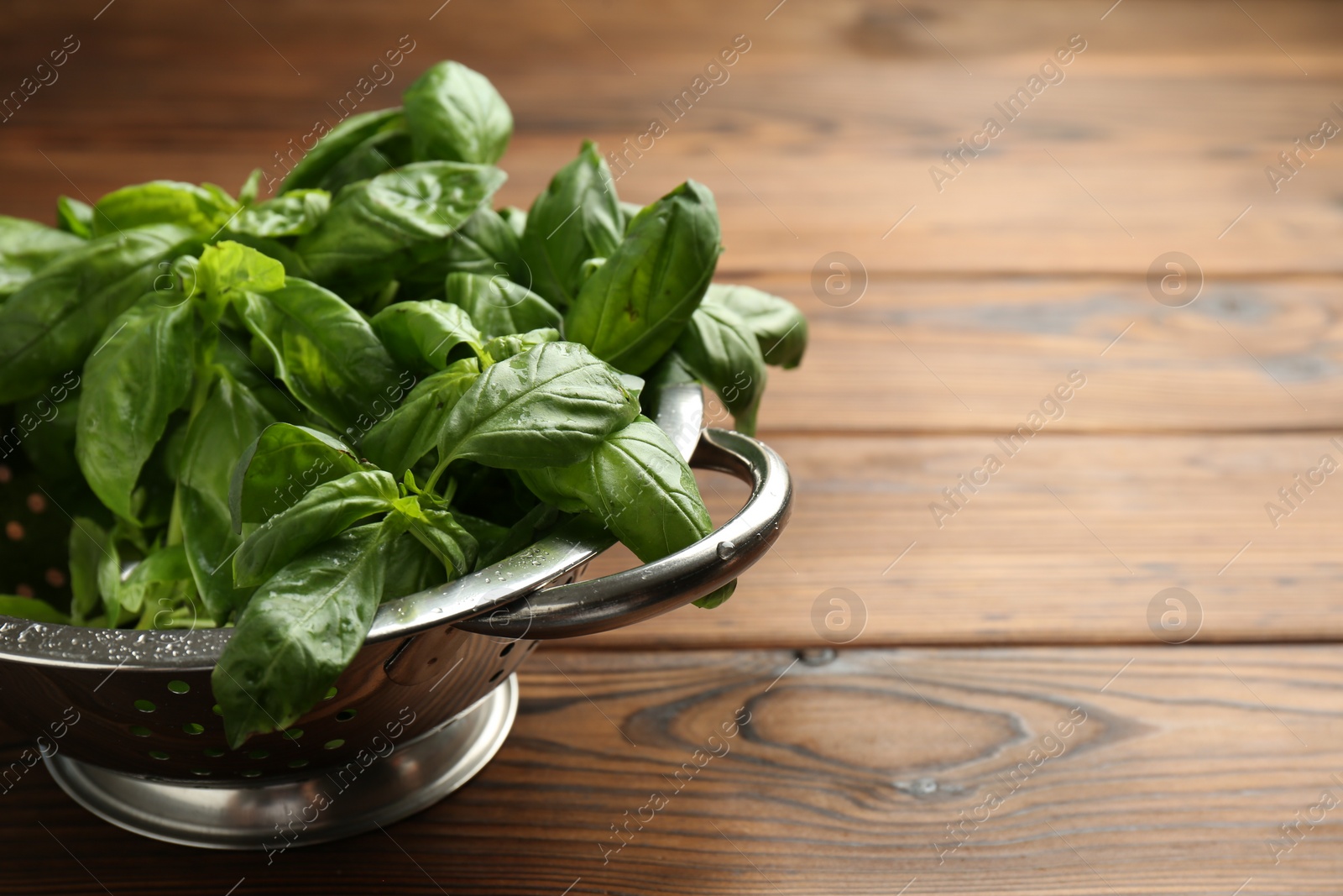 Photo of Metal colander with fresh basil leaves on wooden table, closeup. Space for text