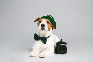 Photo of Jack Russell terrier with leprechaun hat, bow tie and pot on light grey background. St. Patrick's Day