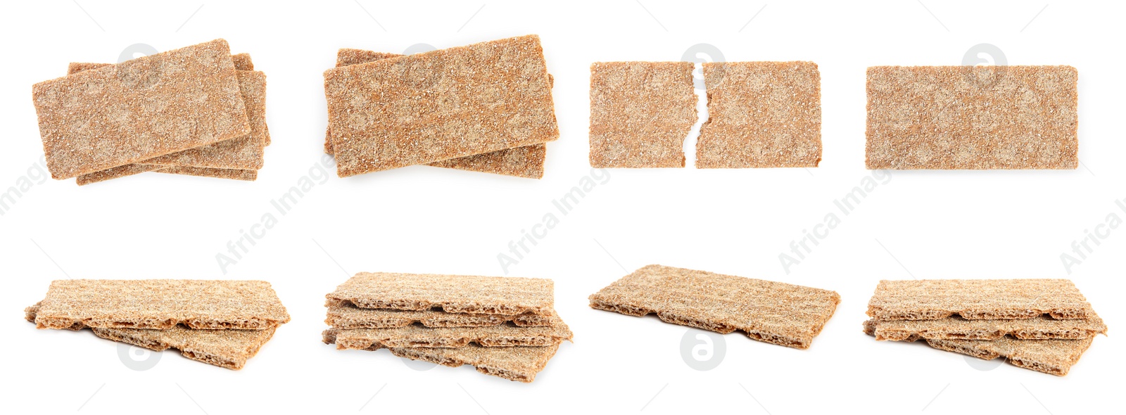 Image of Set with fresh crunchy rye crispbreads on white background. Banner design