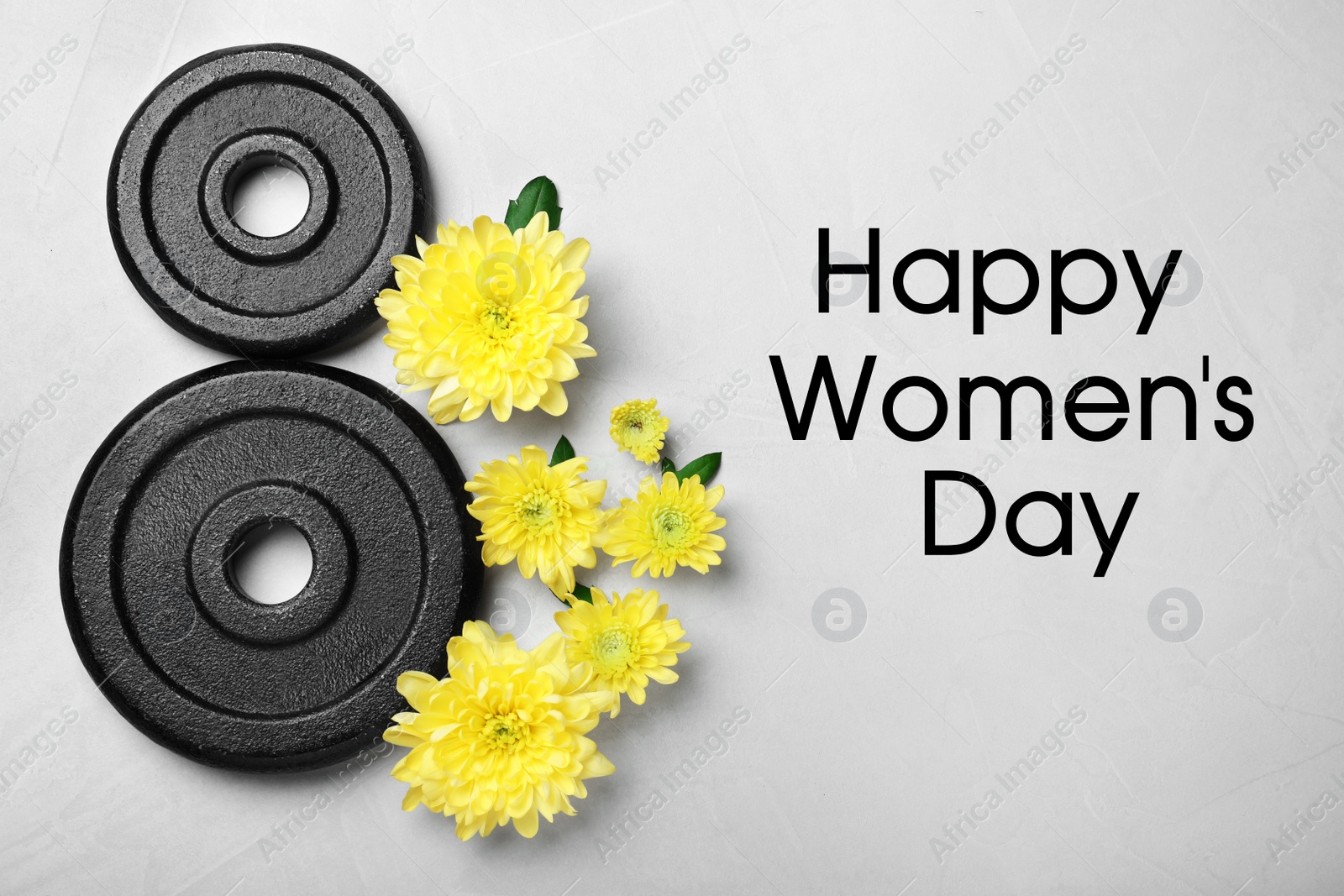 Image of 8 March greeting card design with chrysanthemum flowers, weight plates on light grey background, flat lay. Happy Women's day