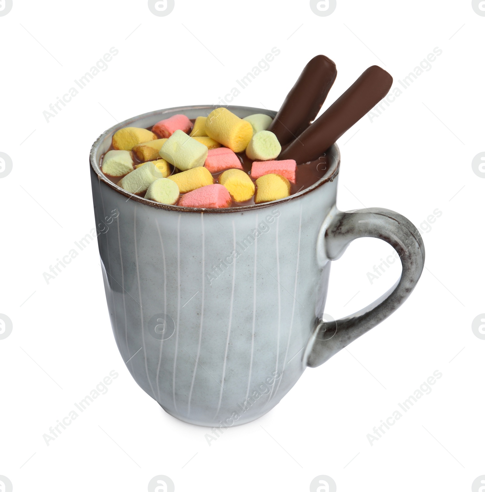 Photo of Cup of delicious hot chocolate with marshmallows isolated on white