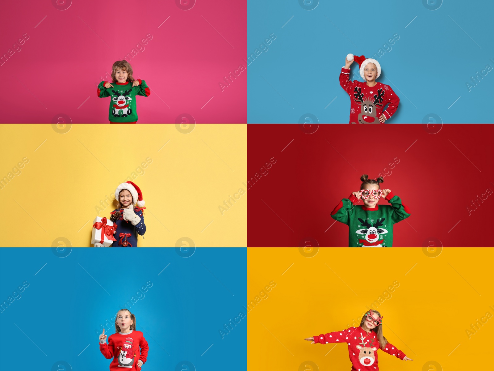 Image of Collage with photos of adorable children in different Christmas sweaters on color backgrounds