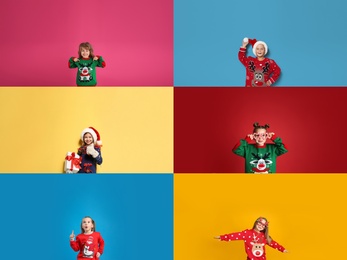 Collage with photos of adorable children in different Christmas sweaters on color backgrounds