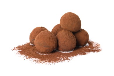 Delicious chocolate truffles powdered with cocoa on white background