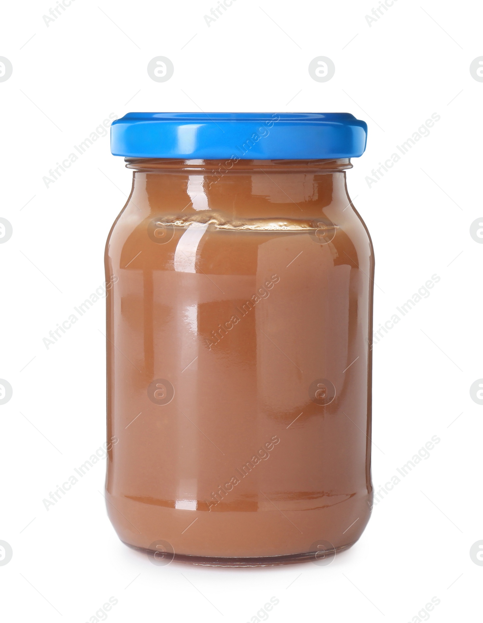 Photo of Baby food. Tasty healthy puree in jar isolated on white