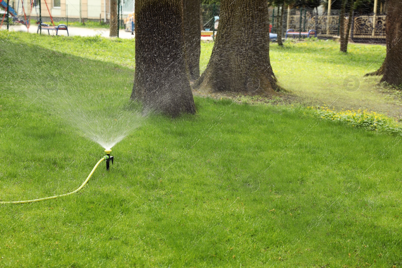 Photo of Automatic sprinkler watering green grass in park