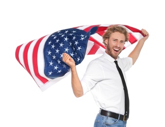 Photo of Young man with American flag on white background