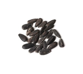 Photo of Pile of sunflower seeds on white background, top view