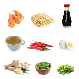Set with tasty ingredients for ramen on white background