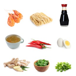 Image of Set with tasty ingredients for ramen on white background