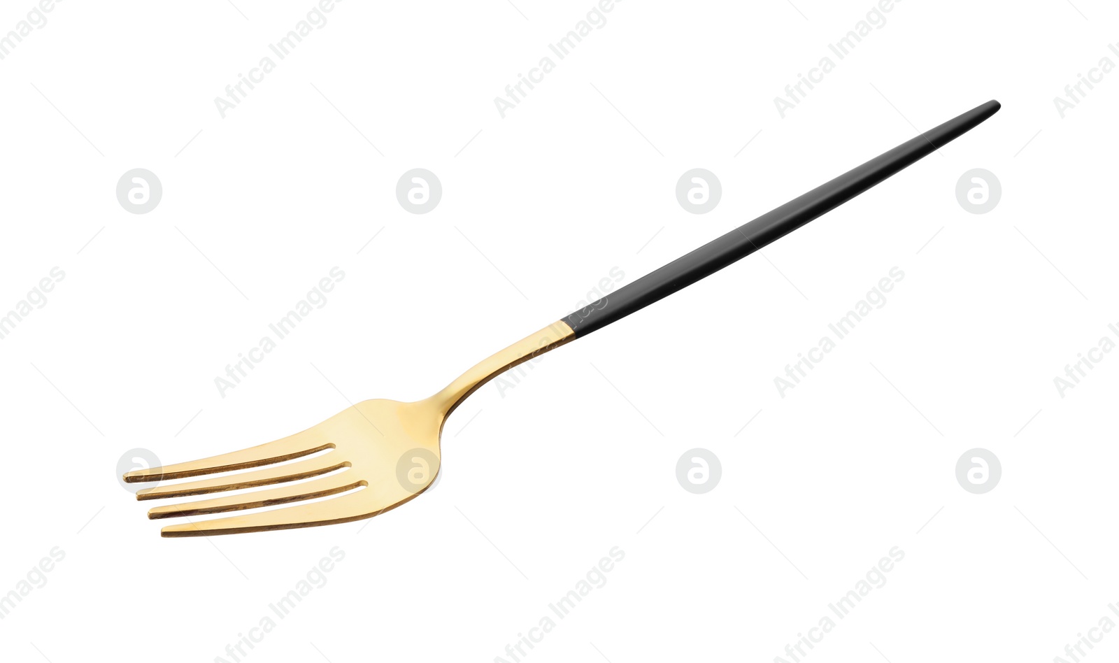 Photo of One shiny golden fork with black handle isolated on white