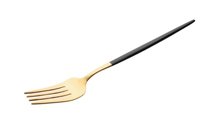 Photo of One shiny golden fork with black handle isolated on white