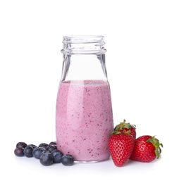 Photo of Bottle with healthy detox smoothie and berries on white background