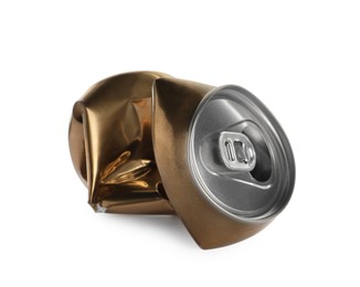 Photo of Golden crumpled can with ring isolated on white