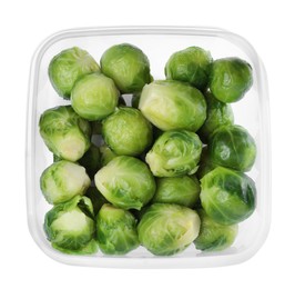 Brussels sprouts in plastic container isolated on white, top view