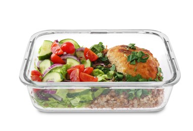 Photo of Healthy meal. Cutlet, buckwheat and salad in container isolated on white