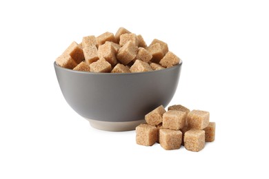 Bowl and brown sugar cubes on white background
