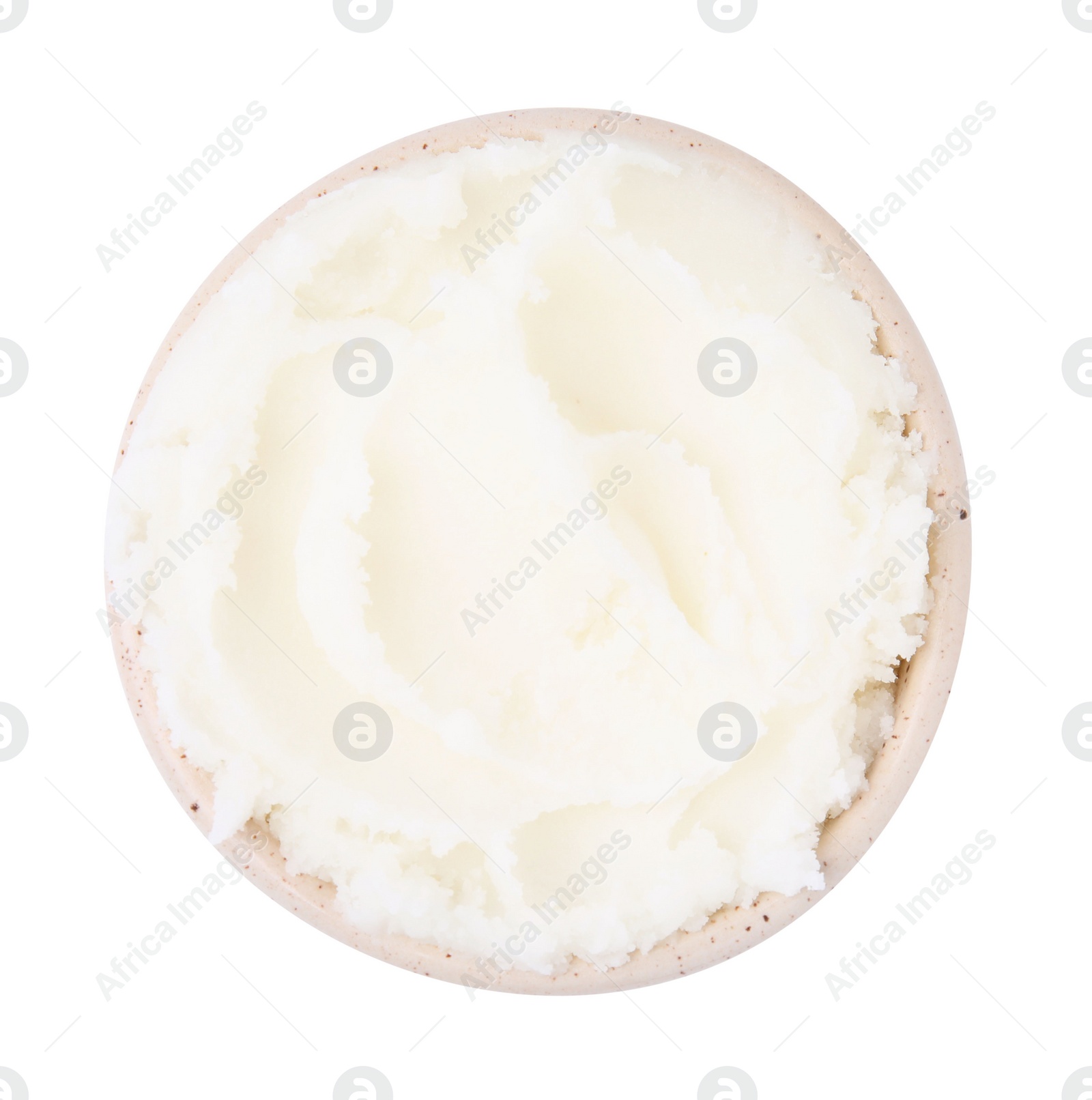 Photo of Delicious pork lard in bowl isolated on white, top view