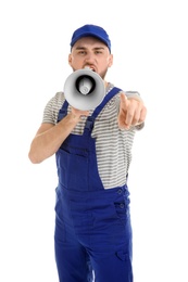 Photo of Male worker shouting into megaphone on white background